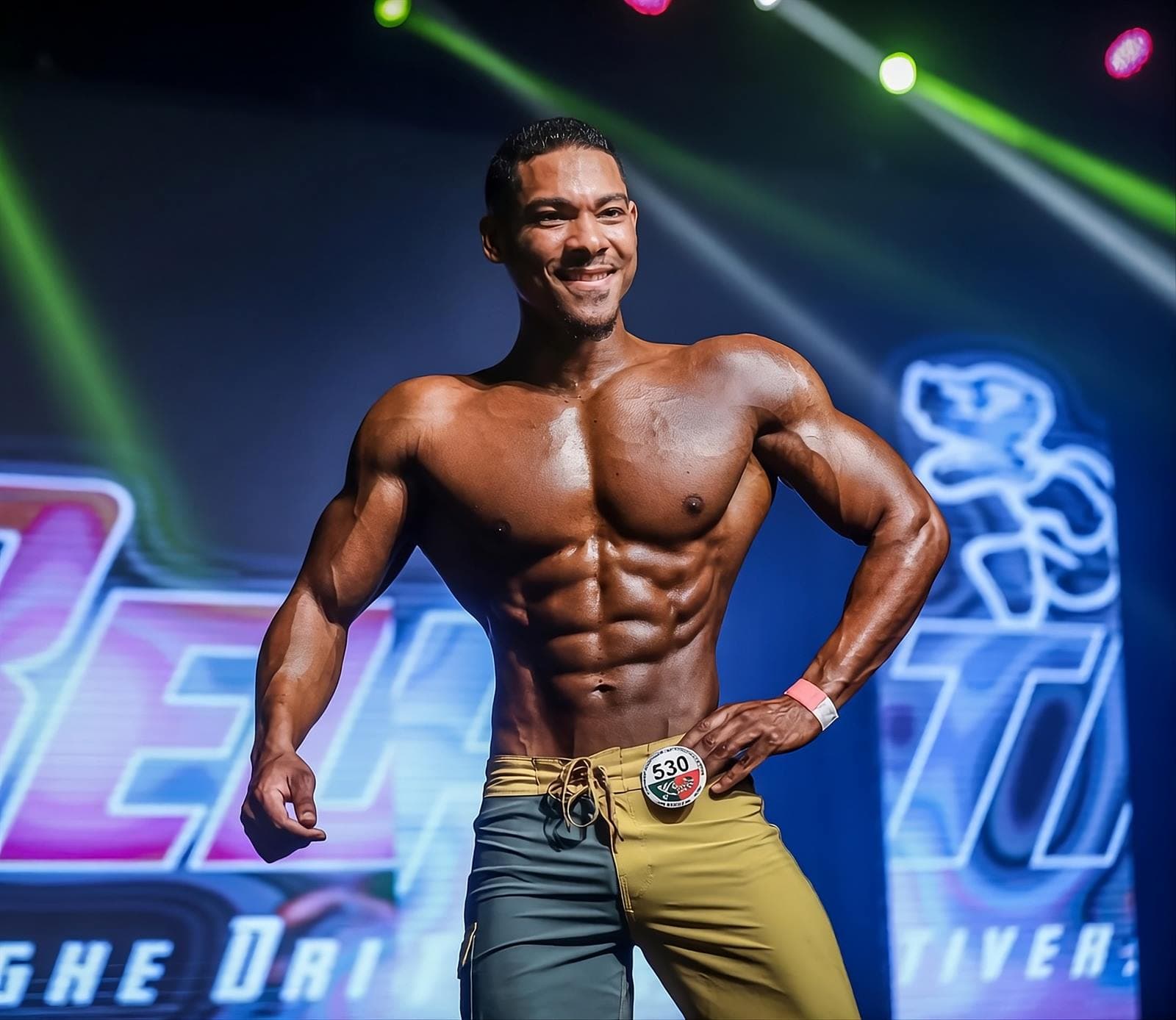 Hachime BK, compétiteur IFBB Élite Pro Men's Physique, sur scène